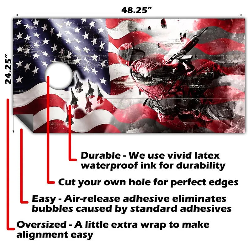 Cornhole Board Wraps and Decals for Boards Set of 2 Skins Professional Vinyl Covers Sticker - American Flag Military War Combat