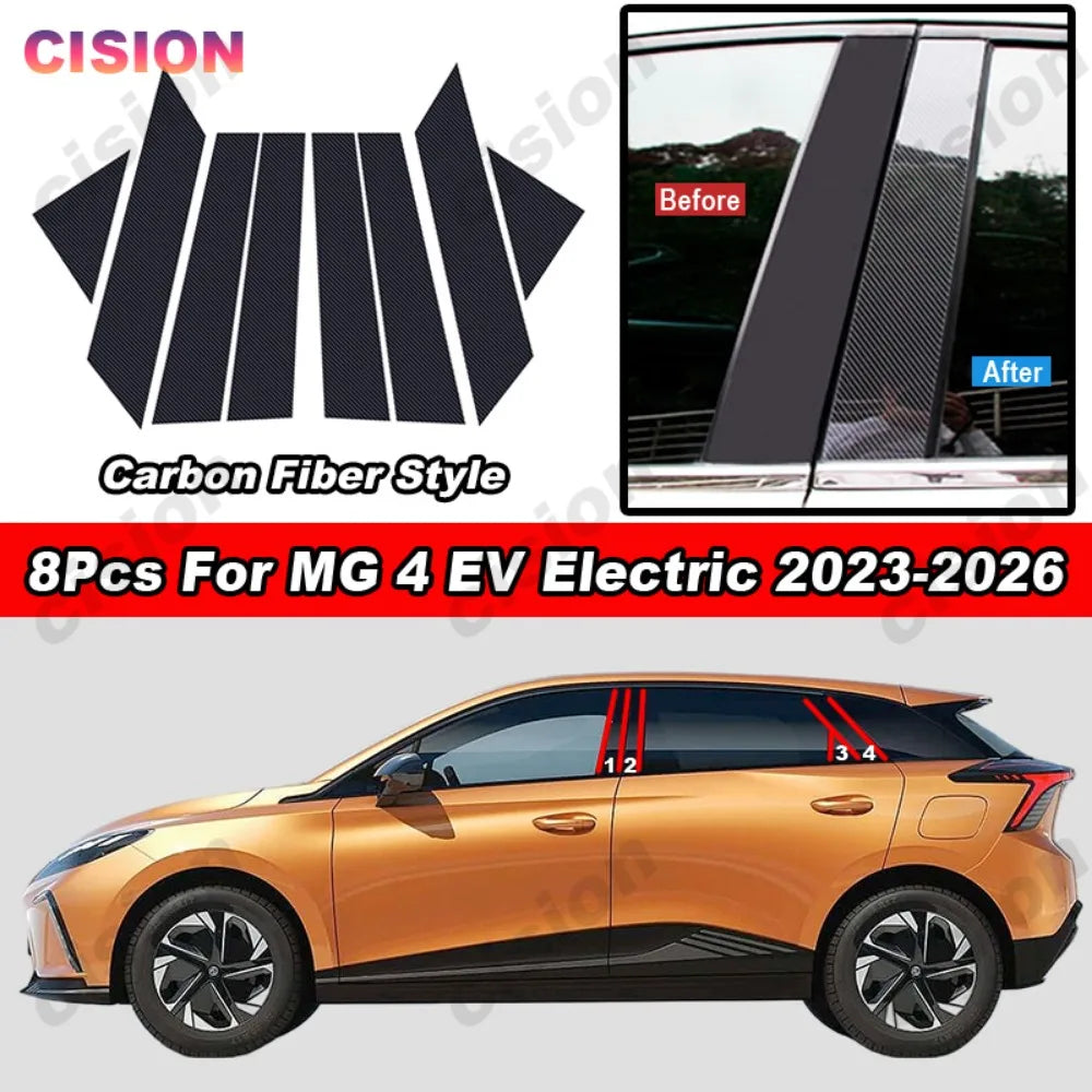 Glossy Carbon Fiber Black Chrome Car Door Window Center BC Pillar Post Middle Column Cover Trim PC Sticker For MG 4 EV 2023-2026