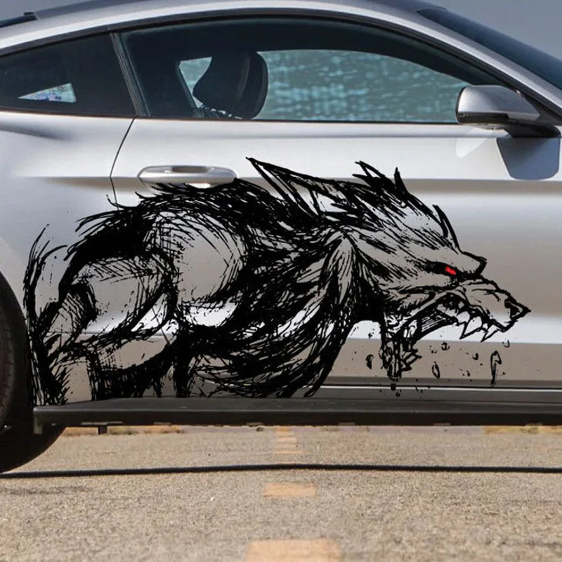 Tribal Hunting Cat & Wolf Vinyl Decal - Grunge Tattoo Design for Dodge Charger, Car, or Truck