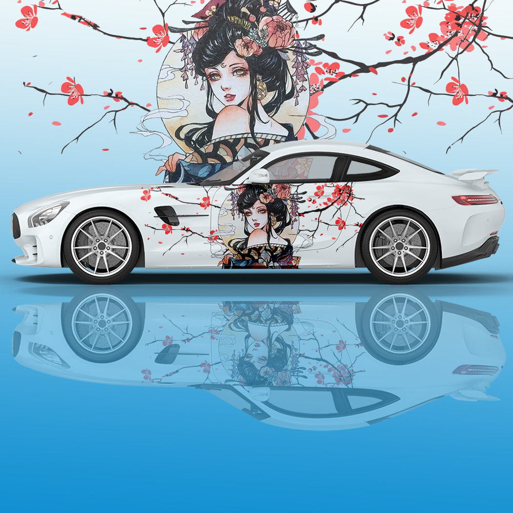 Geisha Plum Blossom Car Decal - Ink Painting Side Graphic Vinyl Racing Decoration