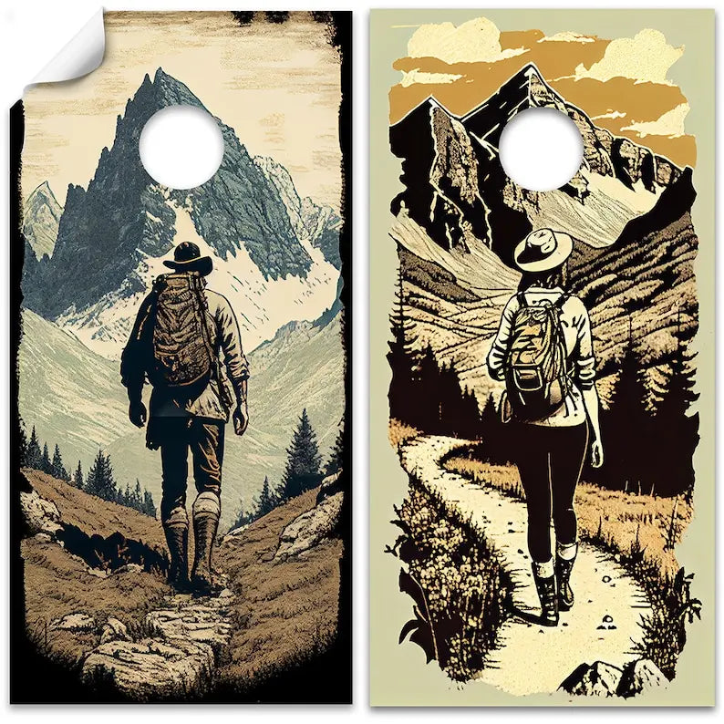 Cornhole Board Wraps and Decals for Boards Set of 2 Skins Professional Vinyl Covers Sticker - Hikers Outdoors Camping and Cabin