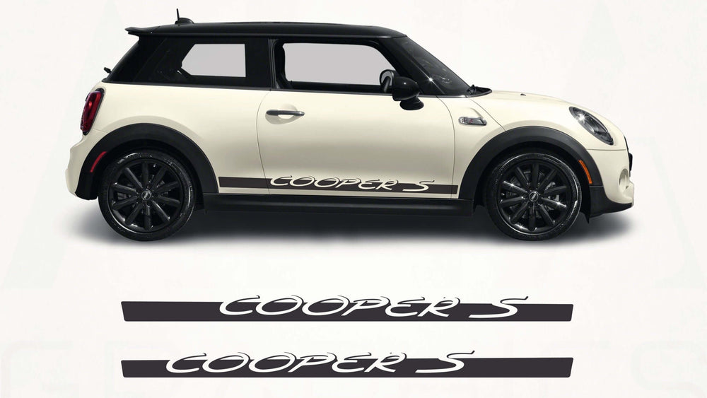 White Mini Cooper S car with black roof and wheels on a white background, featuring 'Cooper S' decals.