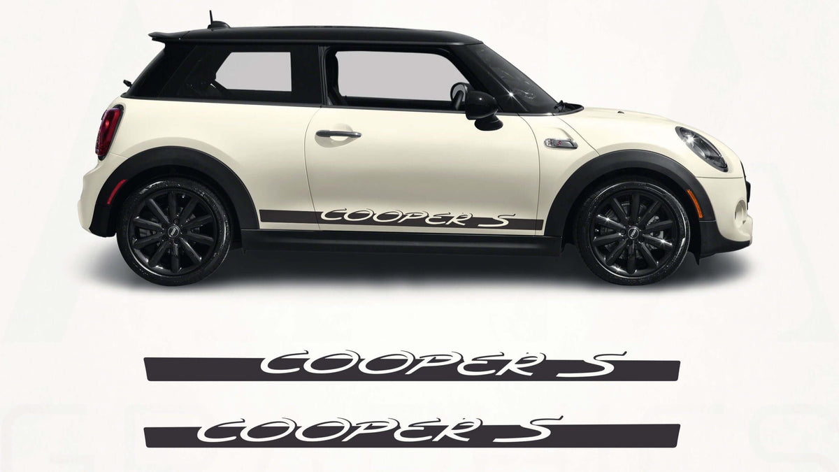 White Mini Cooper S car with black roof and wheels on a white background, featuring 'Cooper S' decals.