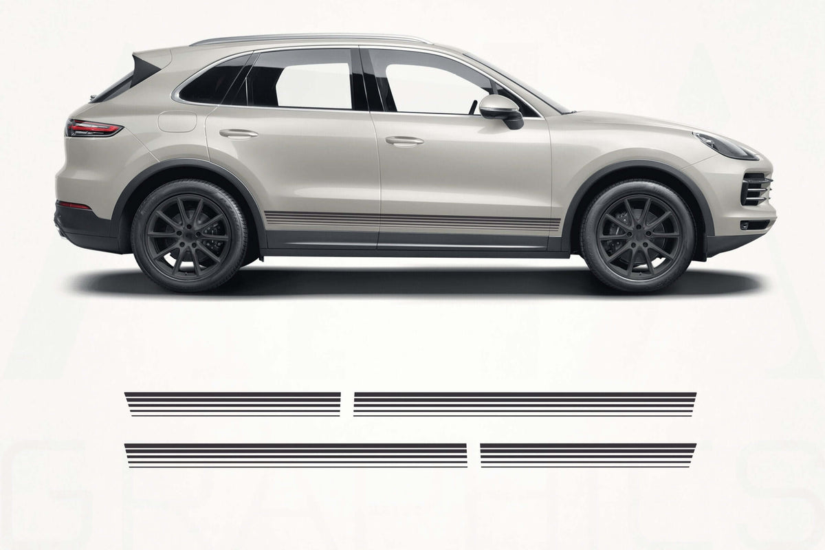 Side view of a white SUV with black graphics on a white background