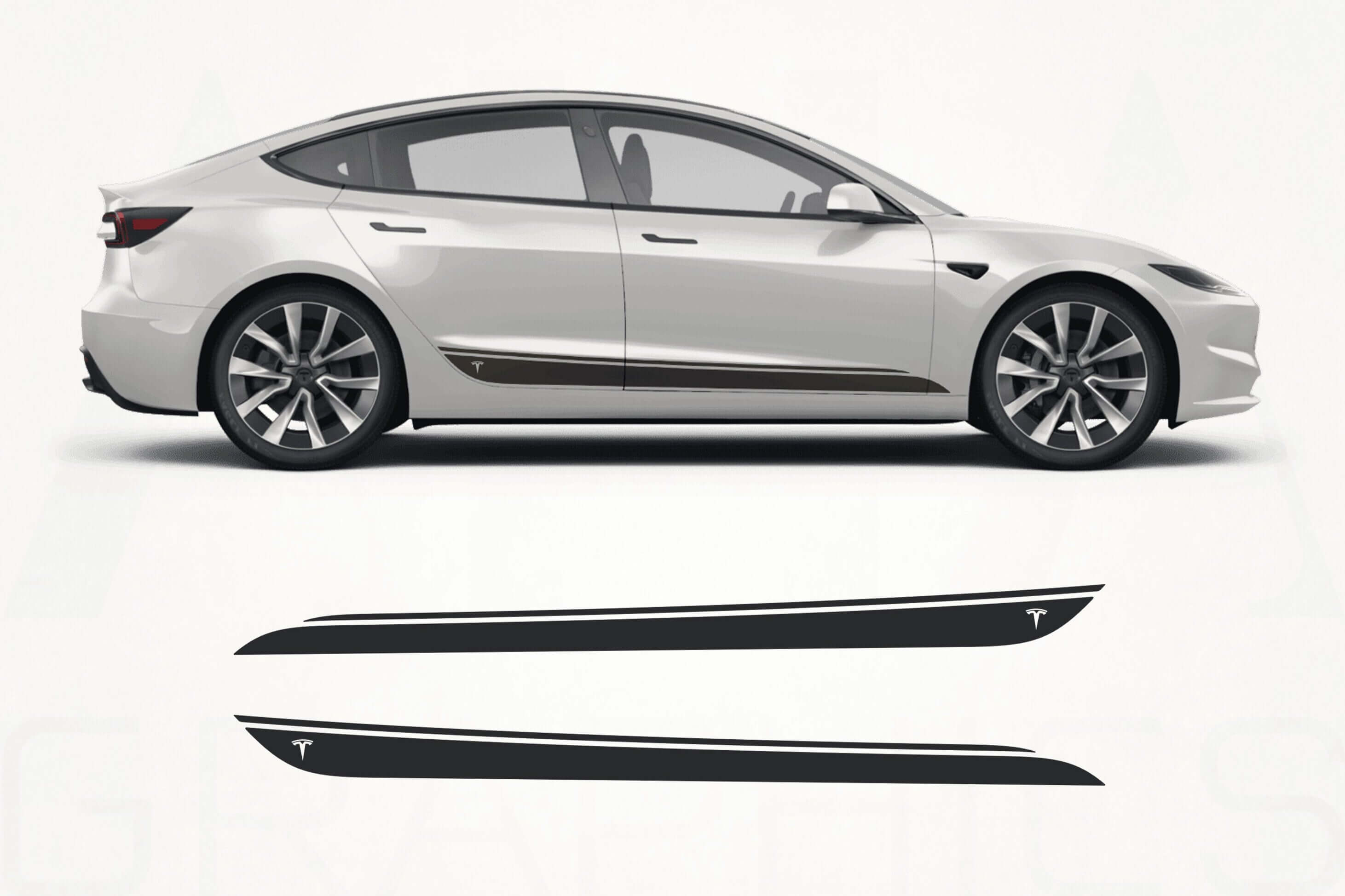 White car with black side stripe graphics on a white background