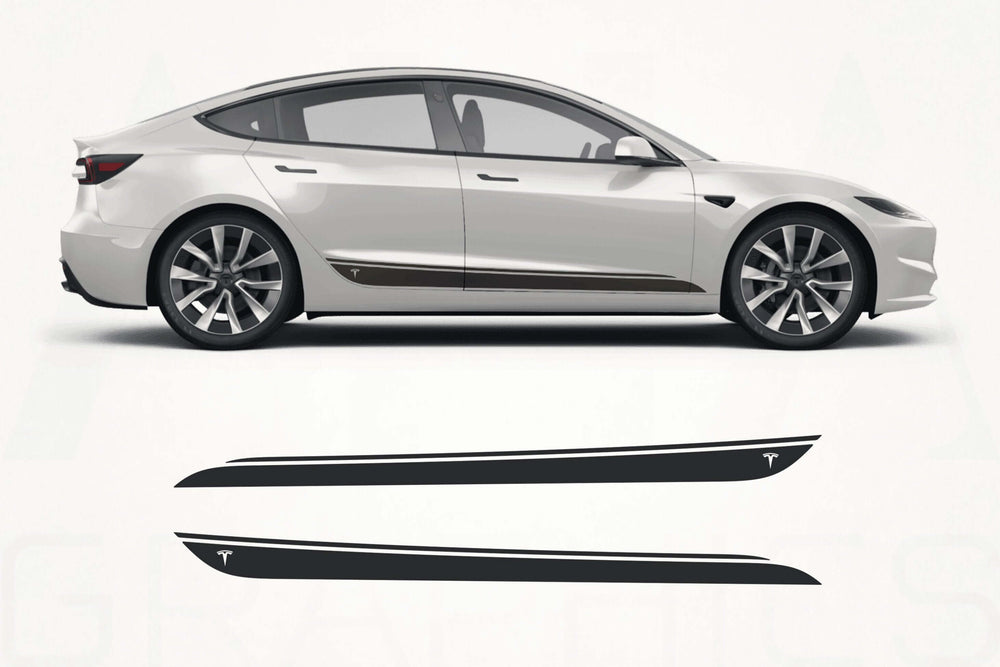 White car with black side stripe graphics on a white background