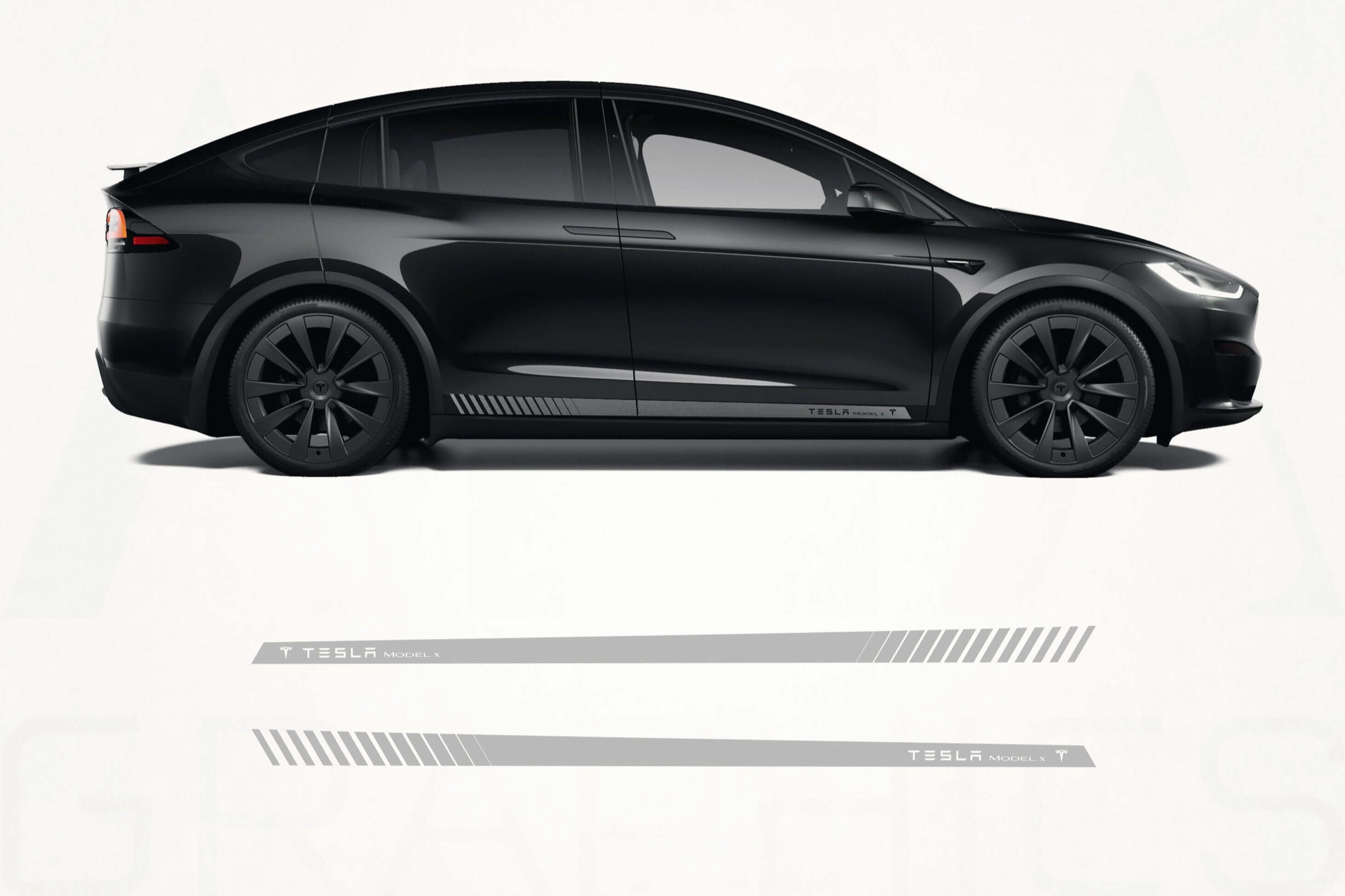 Black Tesla Model X side view with 'AHA Graphics' branding on a white background