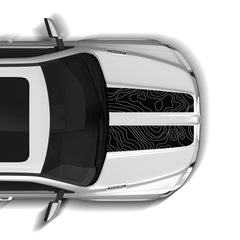 Top-down view of a silver car with a black and white design on the windshield.
