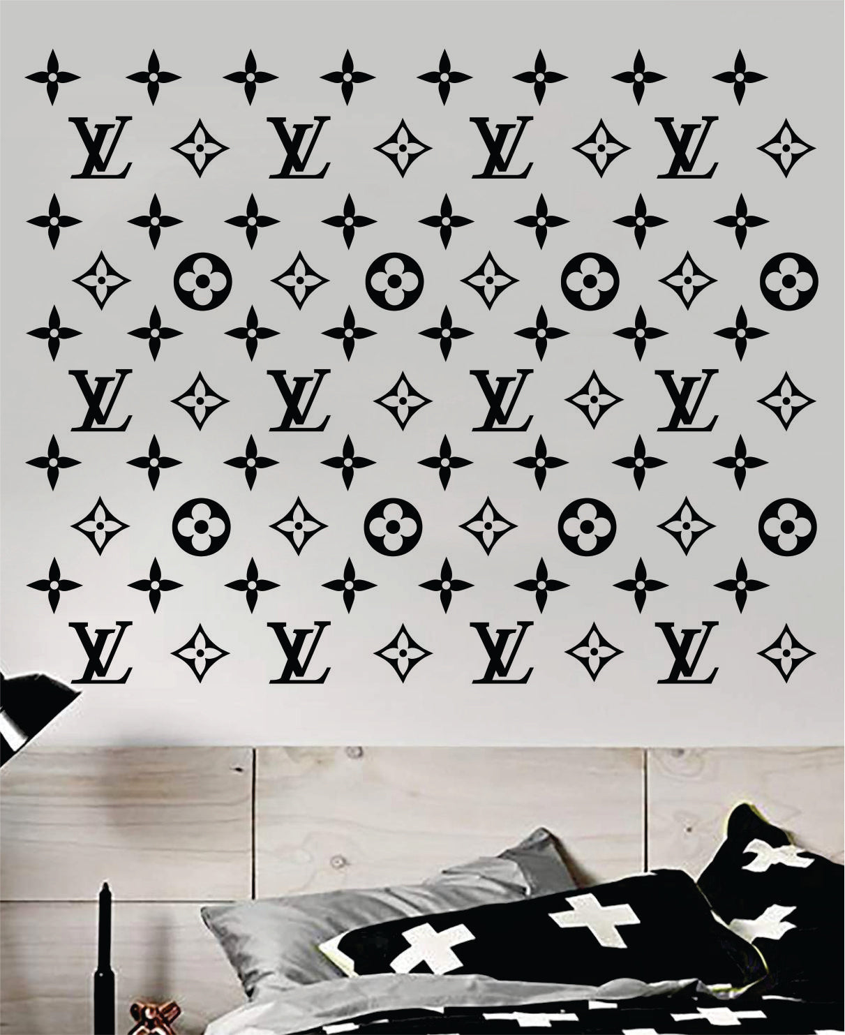 Luxury LV Logo Pattern Wall Decal – 45" Designer Vinyl Sticker for Bedroom, Glam Room, or Boutique Decor