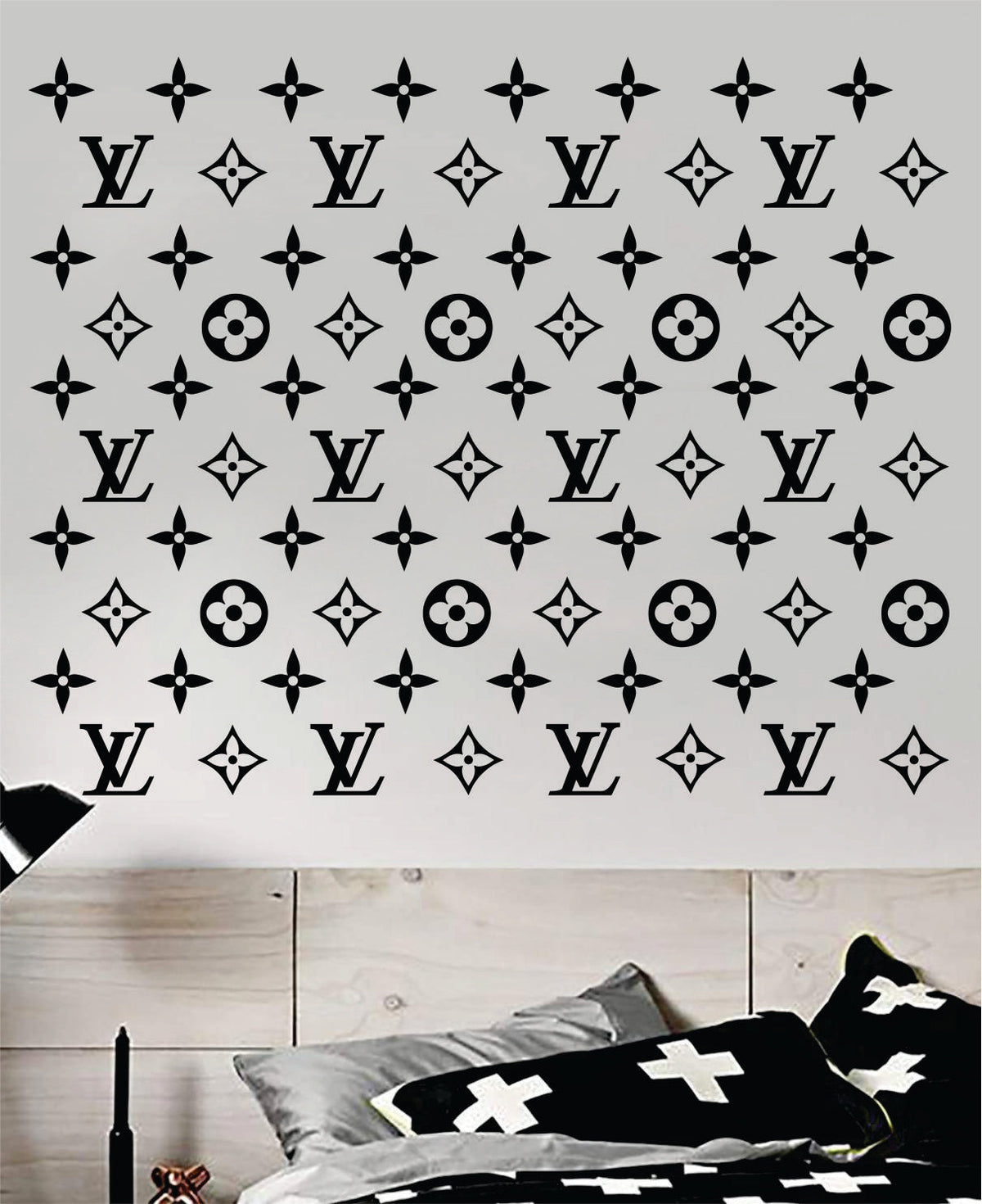 Luxury LV Logo Pattern Wall Decal – 45" Designer Vinyl Sticker for Bedroom, Glam Room, or Boutique Decor