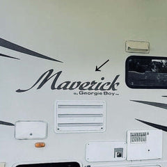 White RV with 'Maverick by Georgie Boy' decal on a white background