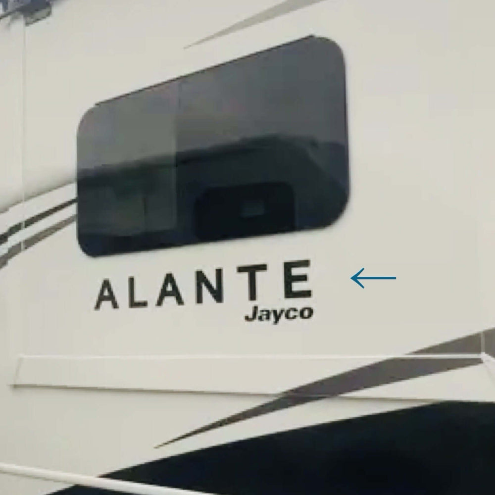 Close-up of a Jayco Alante vehicle with a reflection on the glass.