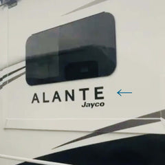 Close-up of a Jayco Alante vehicle with a reflection on the glass.