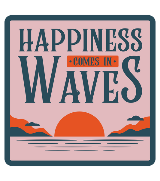 Happiness Comes In Waves Retro Surfing Vinyl Decal Sticker - 5 Pack